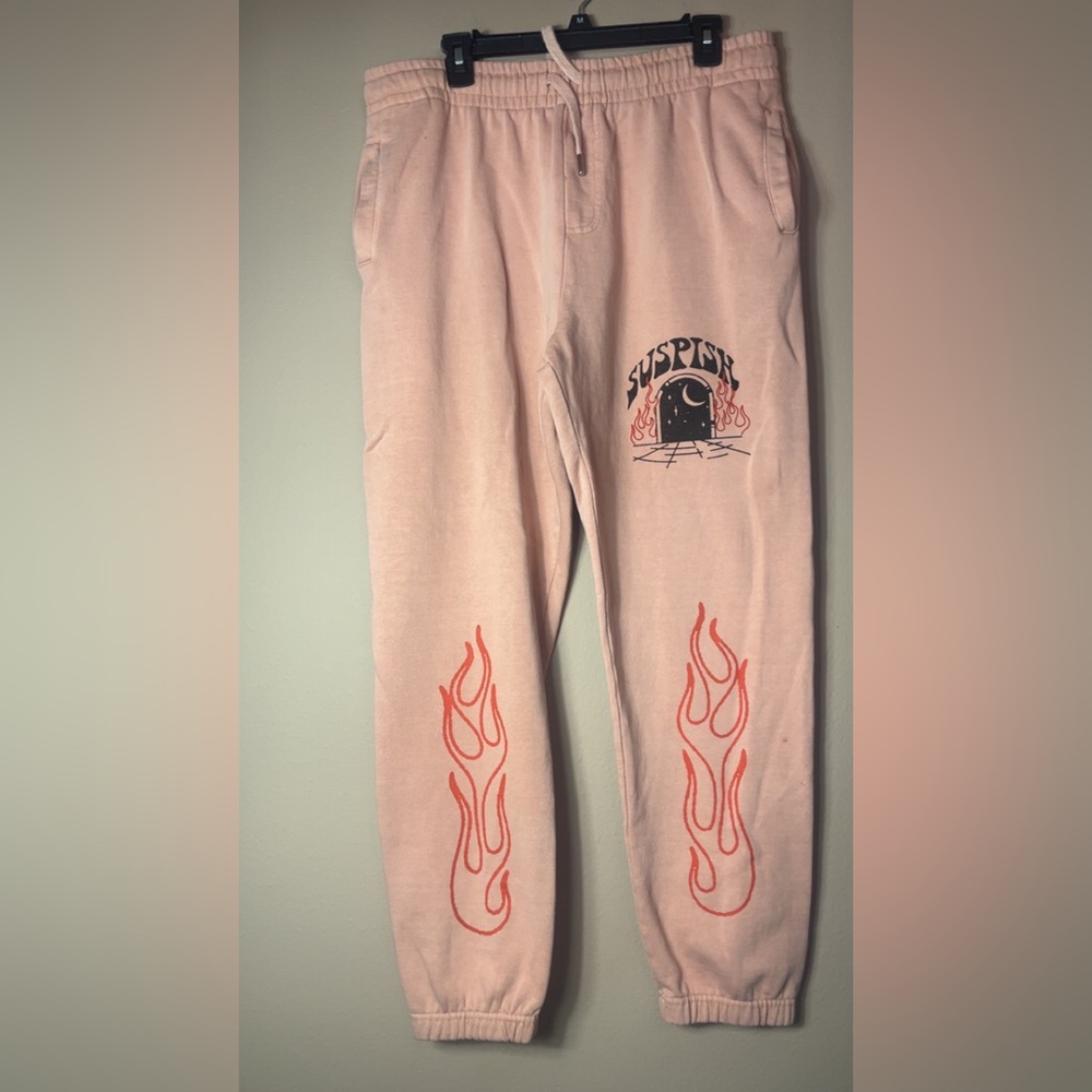 Bailey Sarian Pink Sweatpants with Suspish and Red Flame Design